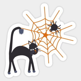 Spookily cute cats, spiders and cobwebs for Halloween in bold orange and darkest charcoal Sticker